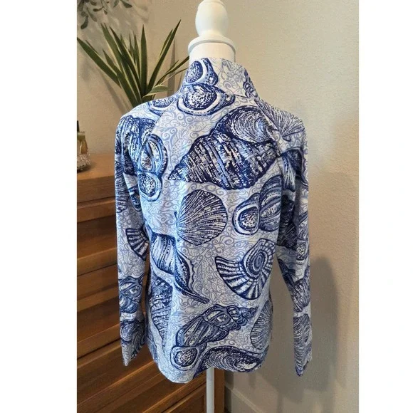 Lilly Pulitzer Blue White Shell Print Quarter Zip Long Sleeve Pullover Women's L - Picture 3 of 9